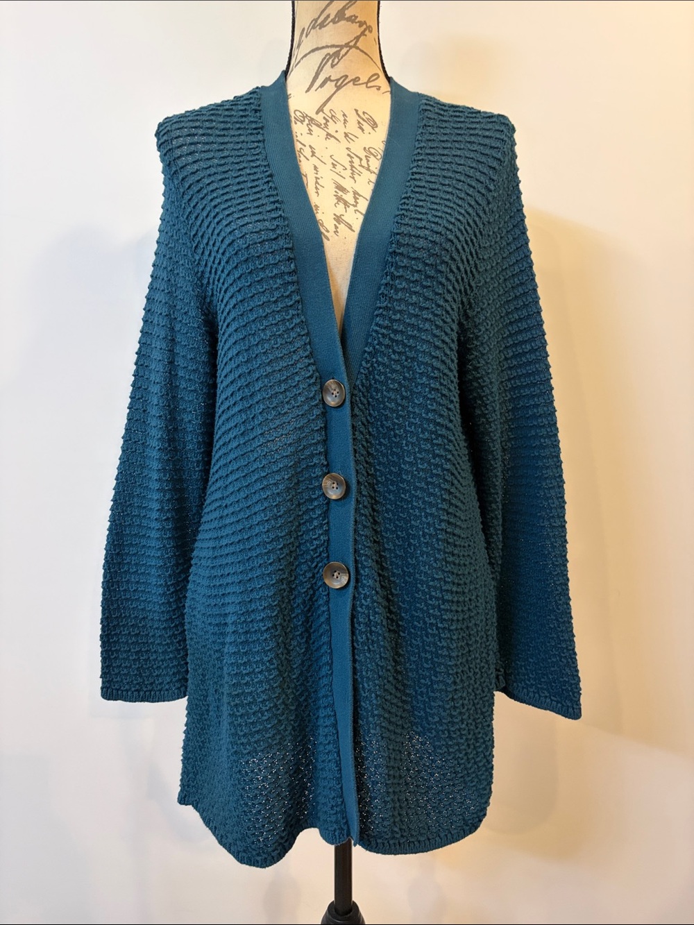 J. Jill cotton wool blend loop knit longline cardigan sweater blue green XL
